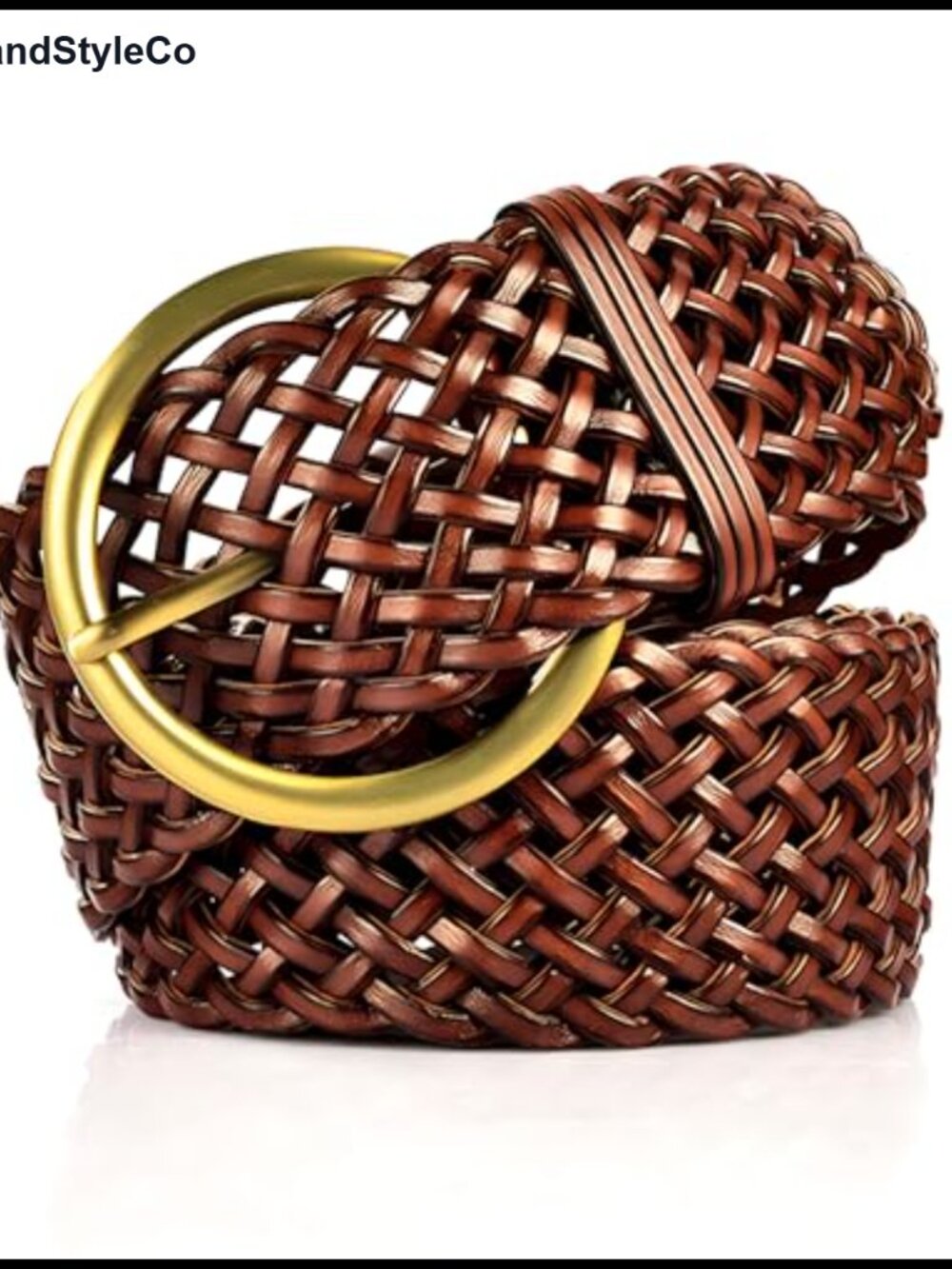 Wide Braided Faux Leather Belt Women Woven Waistband Round Golden Pin Buckle